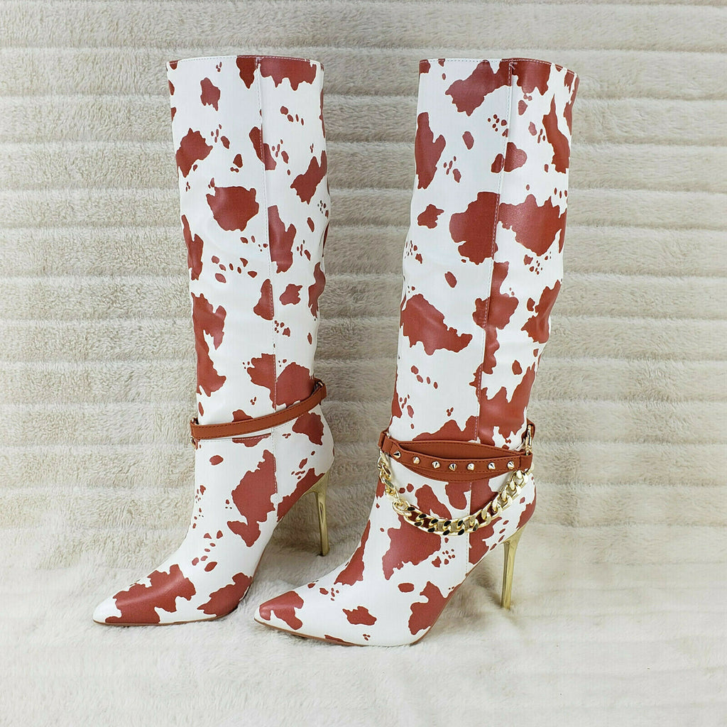 Eva Tan & White Cow Print Leatherette Gold Tone High Heel & Chain Knee Boots - Totally Wicked Footwear