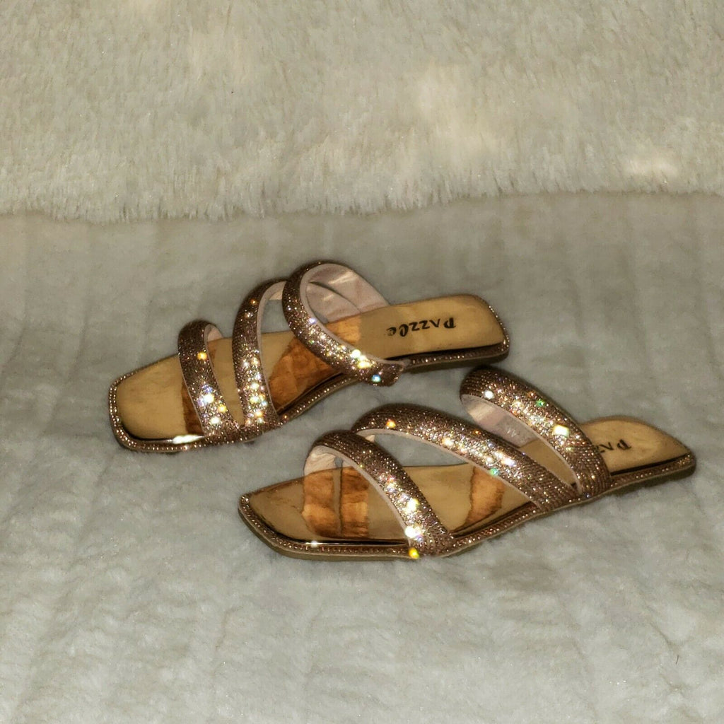 Sparkle Triple Padded Strap Slip On Rose Gold Rhinestone Sandals - Totally Wicked Footwear