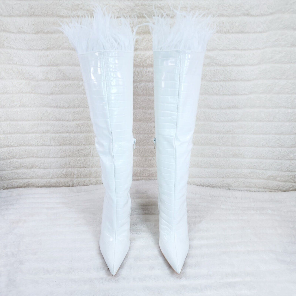 Flirty White Snake Texture Knee High Heel Stiletto Boots Sexy Feather Top - Totally Wicked Footwear