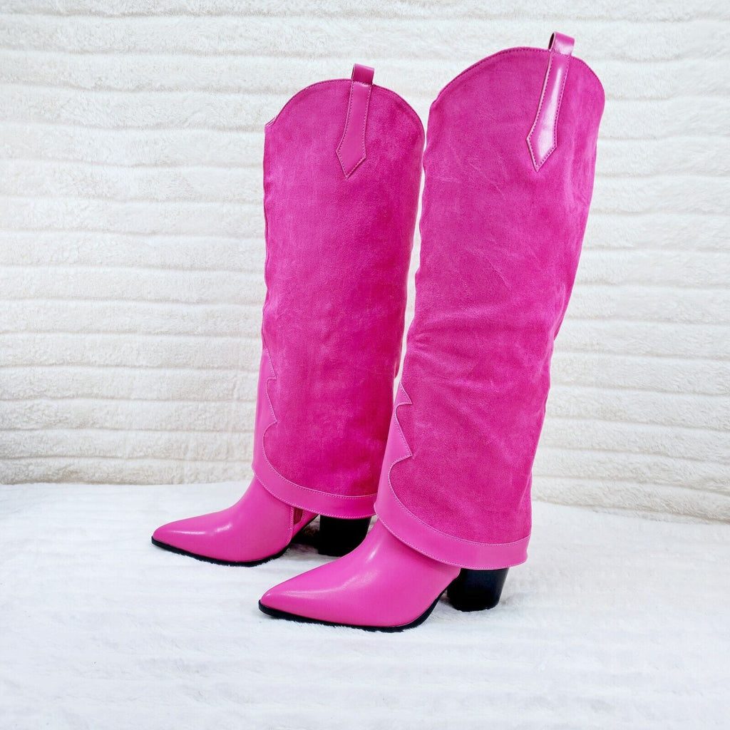 Branded Fuchsia Pink Skirted Fold Over Western Knee High Cowgirl Boots - Totally Wicked Footwear