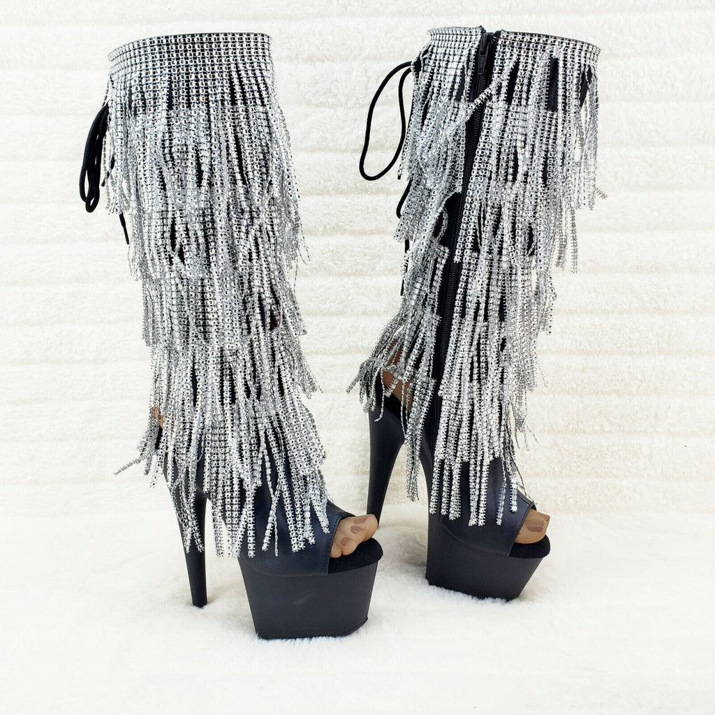 Adore 2024 Silver Fringe Black Platform 7" High Heel Fringe Knee Boots NY - Totally Wicked Footwear
