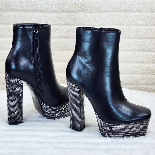 Nikki BLack Leatherette Rhinestone Platform Chunky Heel Ankle Boots - Totally Wicked Footwear