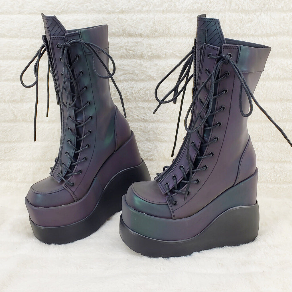Void Purple Green Reflective Platform Wedge Mid Calf Boots IN HOUSE NY Demonia - Totally Wicked Footwear