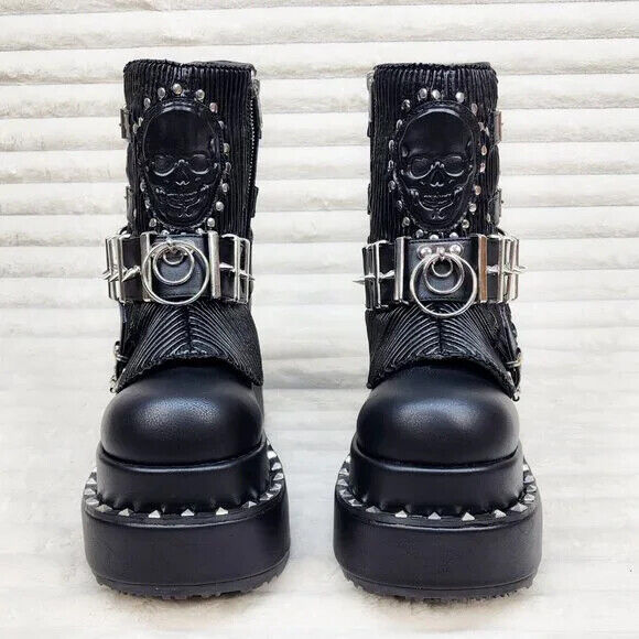 Stud & Skull Patch Black Matte Bear 150 Platform Ankle Boots Goth Punk Rave NY - Totally Wicked Footwear