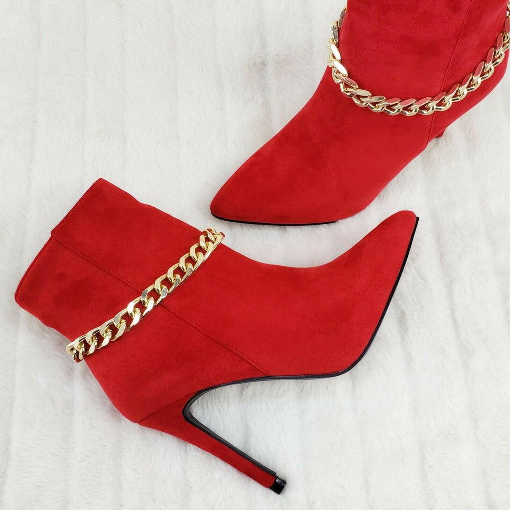 Mata Red FX Suede & Chain Sexy Pointy Toe 4" Stiletto High Heel Ankle Boots - Totally Wicked Footwear