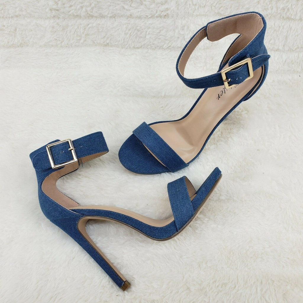 Sexy Medium Blue Denim Ankle Strap 4.5" High Heel Shoes Heels Glister - Totally Wicked Footwear