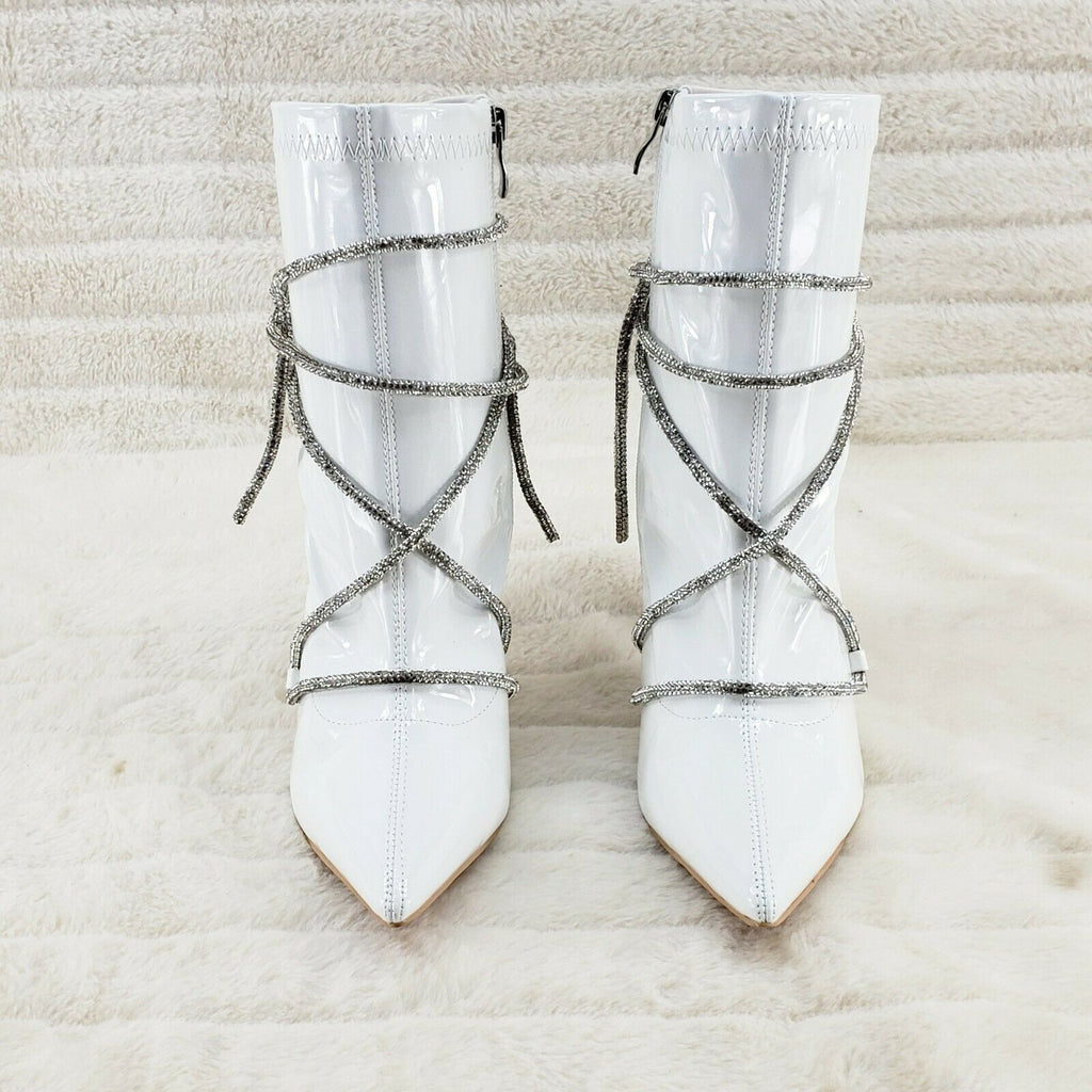 Destiny White Stretch Patent Cable Rhinestone Strap High Heel Ankle Boots - Totally Wicked Footwear