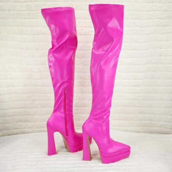 Delicious Hot Pink Fuchsia Pointy Toe Platform High Heel Stretch Thigh Boots - Totally Wicked Footwear