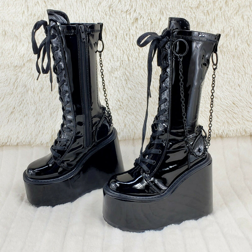 Swing 150 Black Stretch Goth Knee Boot 5.5" Platform With Chains In House NY - Totally Wicked Footwear