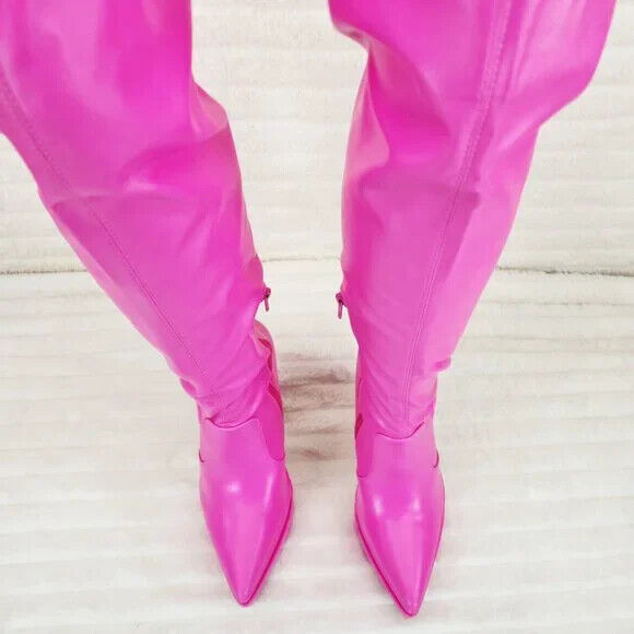 Delicious Hot Pink Fuchsia Pointy Toe Platform High Heel Stretch Thigh Boots - Totally Wicked Footwear