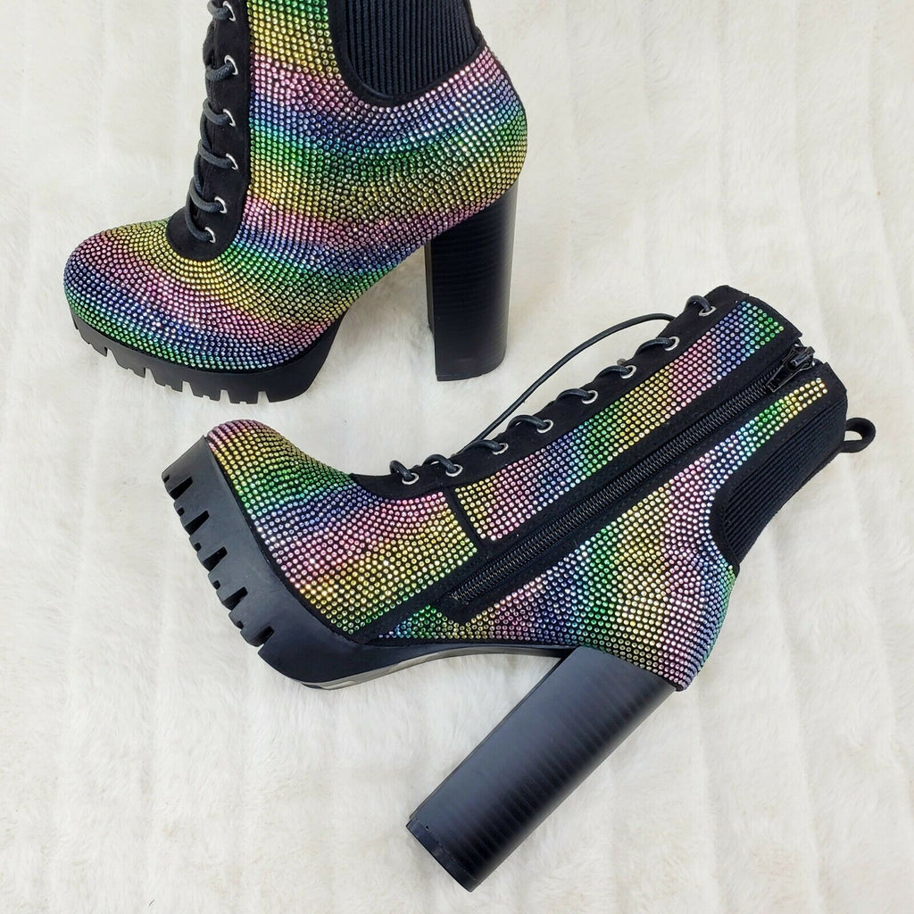 Wild Diva Veronica Rainbow Rhinestone Chunky Heel Ankle Boots Black - Totally Wicked Footwear