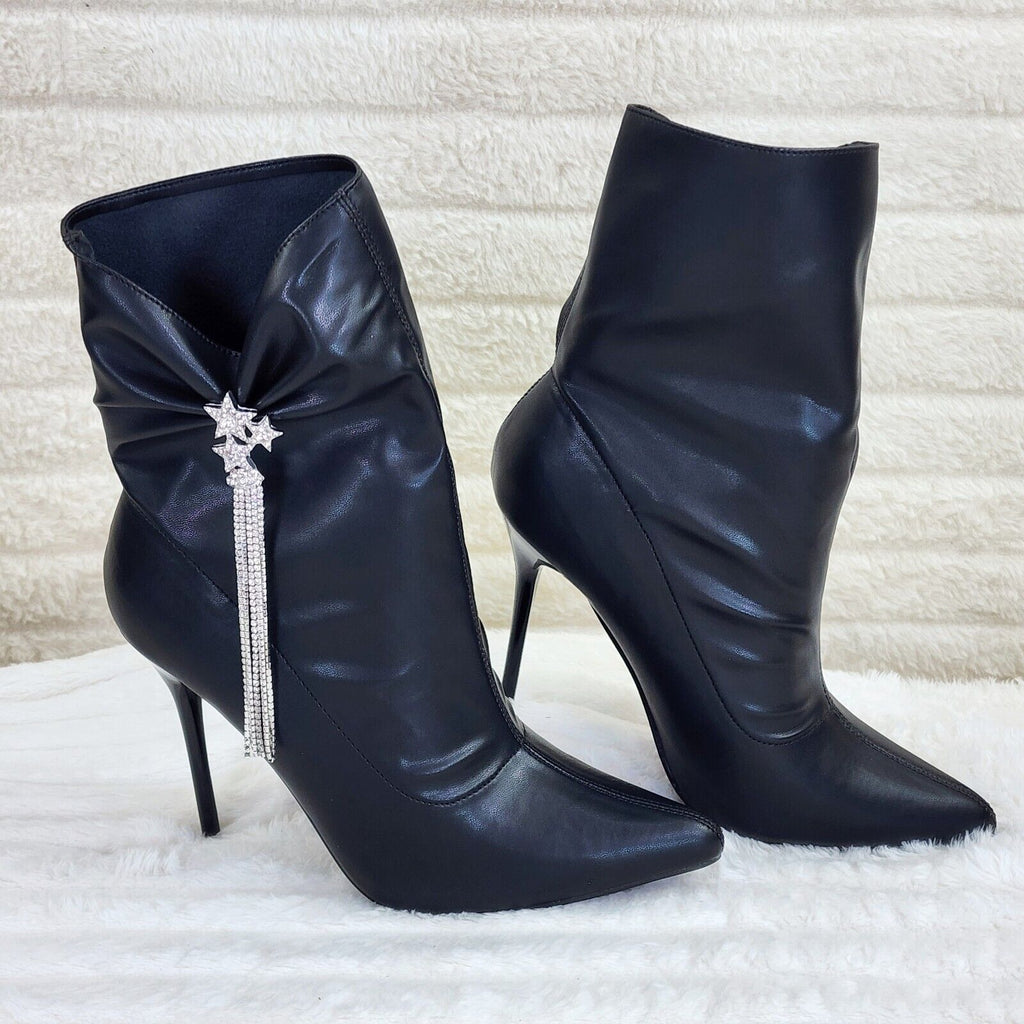 Sherry Black Pull on Drape Rhinestone Pendent High Heel Ankle Boots - Totally Wicked Footwear