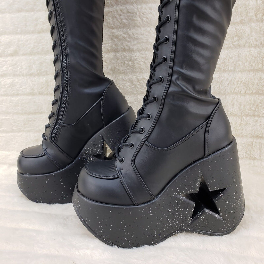 Dynamite 300 Platform 5" Star Heel Stretch Goth Punk Thigh Boots Black Matte NY - Totally Wicked Footwear