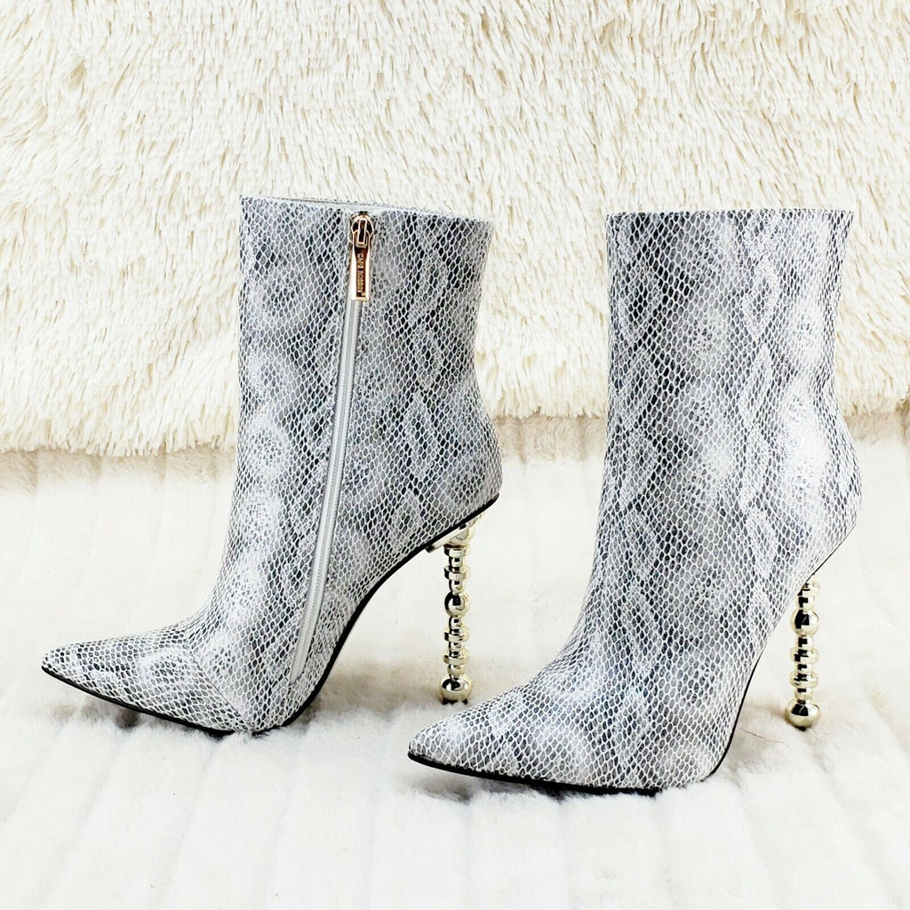 5" Geo Deco High Heel White Snake Print Pointy Toe Ankle Boots Shawna - Totally Wicked Footwear