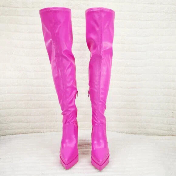 Delicious Hot Pink Fuchsia Pointy Toe Platform High Heel Stretch Thigh Boots - Totally Wicked Footwear