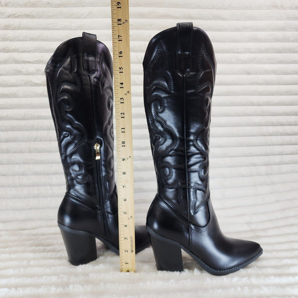 Electric Cowboy Brush Metallic Matte Western Knee High Cowgirl Boots Jet Black - Totally Wicked Footwear