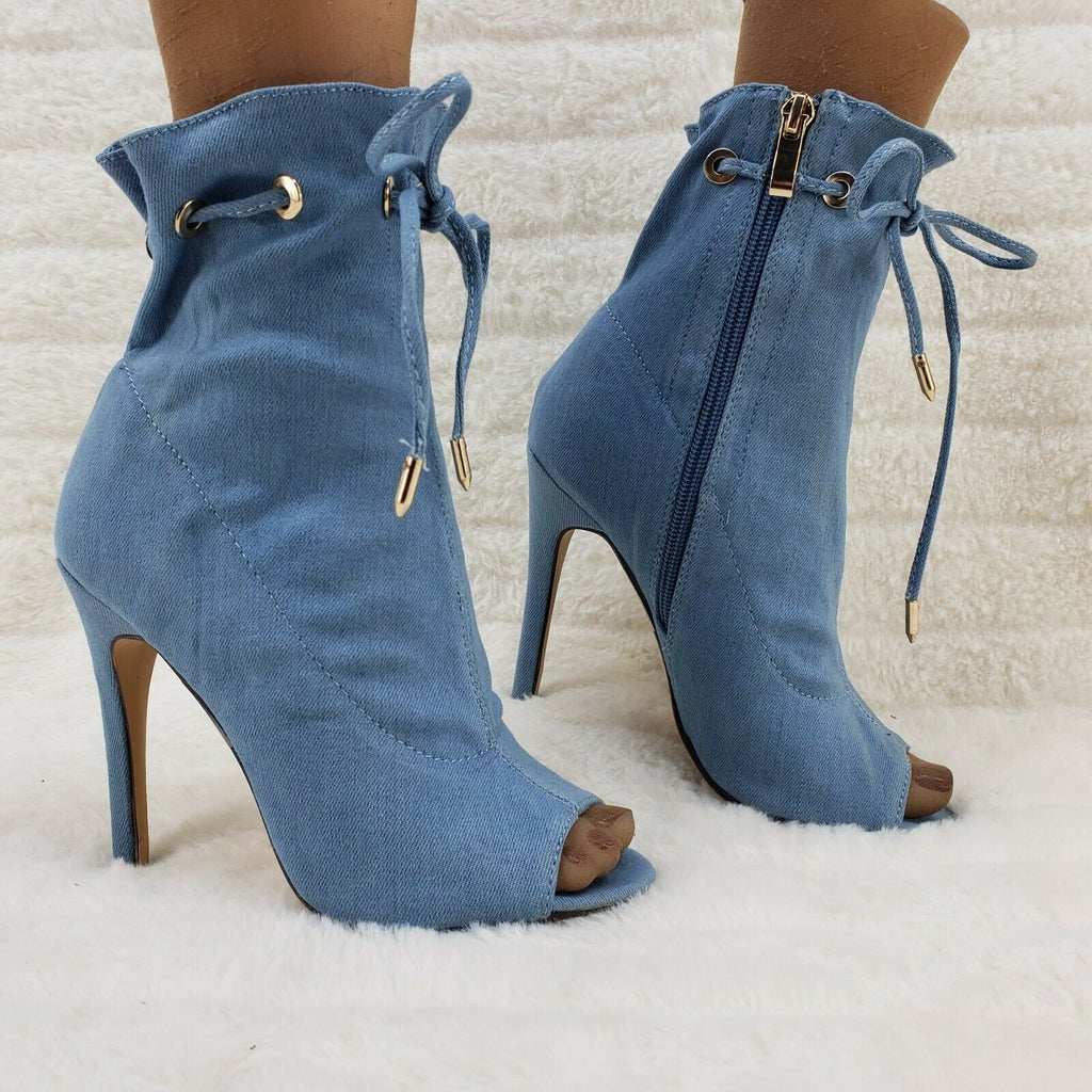 Moody Light Denim Drawstring Open Toe High Heel Ankle Boots Glister - Totally Wicked Footwear
