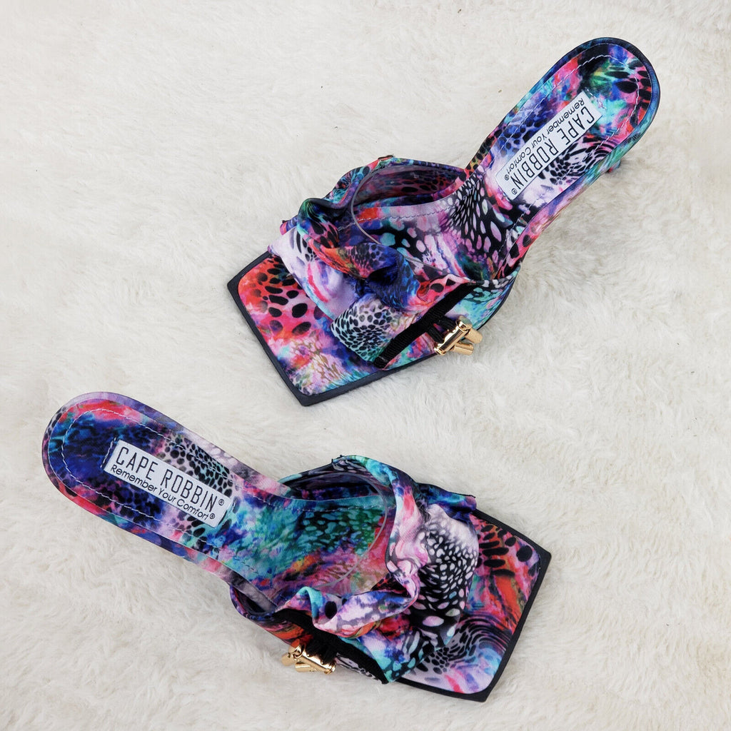 iliana Slip On Sqaure Open Toe High Heel Clogs Mules Slides Multi Color Print - Totally Wicked Footwear