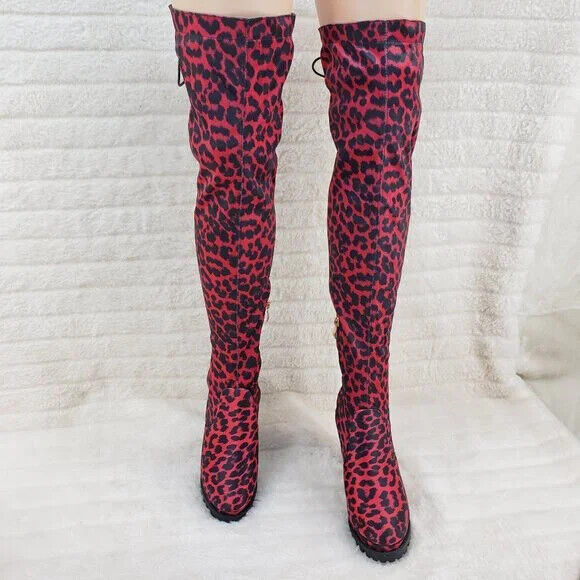 Fever Red Leopard Stretch Lace Up Back OTK Chunky Heel Boots Lug Sole - Totally Wicked Footwear