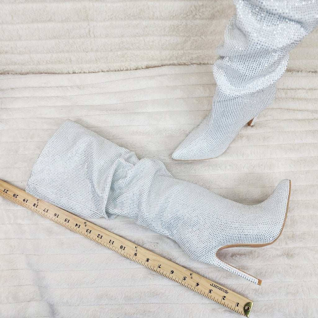 Radiant White Rhinestone High Heel Stiletto Slouch Knee High Boots - Totally Wicked Footwear
