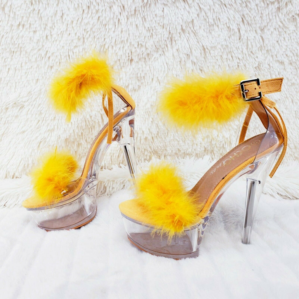 Yellow Marabou Feather Platform Shoes Sandals 6" High Heel Sandals Shoes - Totally Wicked Footwear
