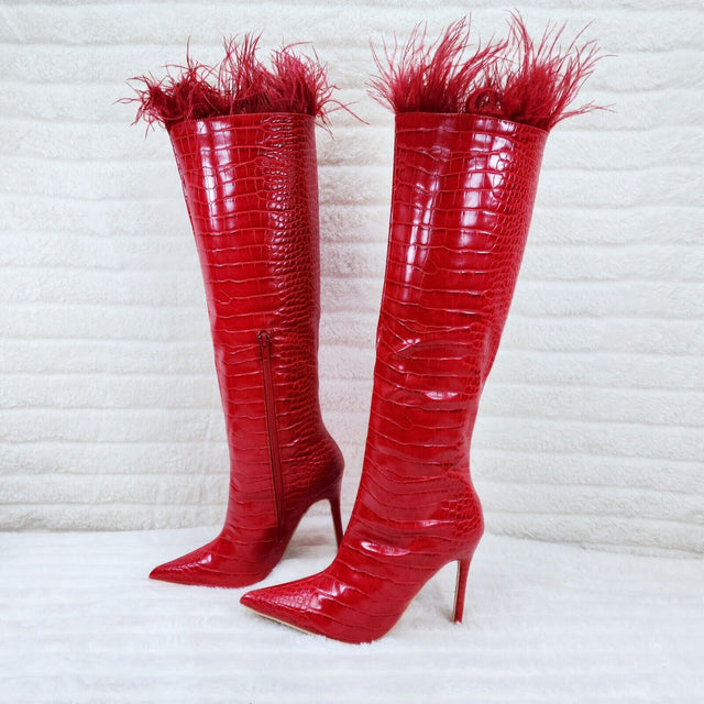 Flirty Red Snake Texture Knee High Heel Stiletto Boots Sexy Feather Top - Totally Wicked Footwear