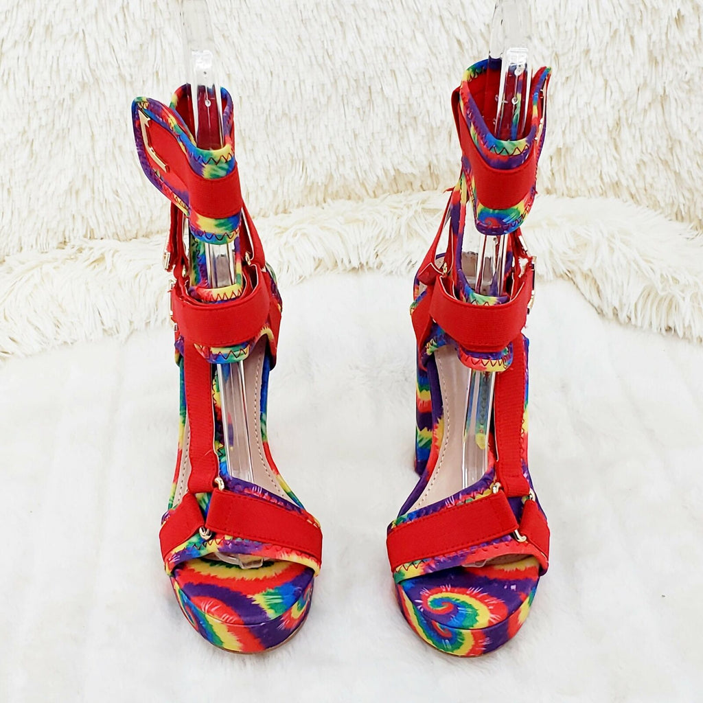 Red Tie Dye 5.5" Chunky High Heel Harness Strap Shoes - Totally Wicked Footwear
