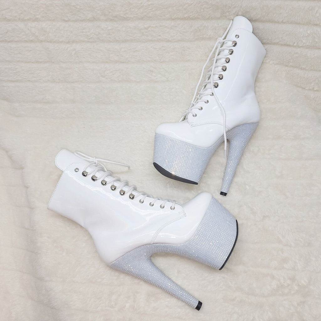 Bejeweled White Rhinestone Platform Lace Up Ankle Boots 7" High Heels IN HOUSE - Totally Wicked Footwear