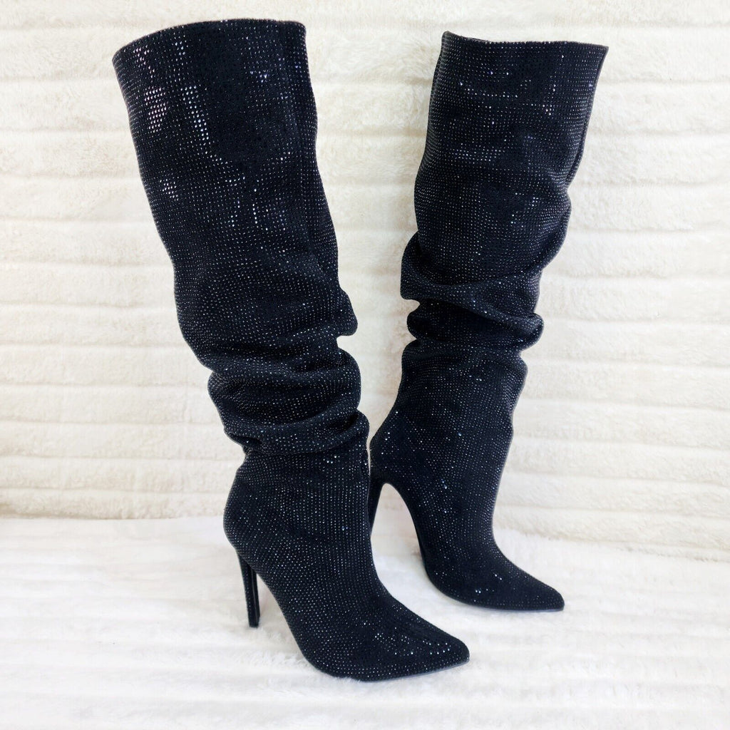 Radiant Black Rhinestone High Heel Stiletto Slouch Knee High Boots - Totally Wicked Footwear
