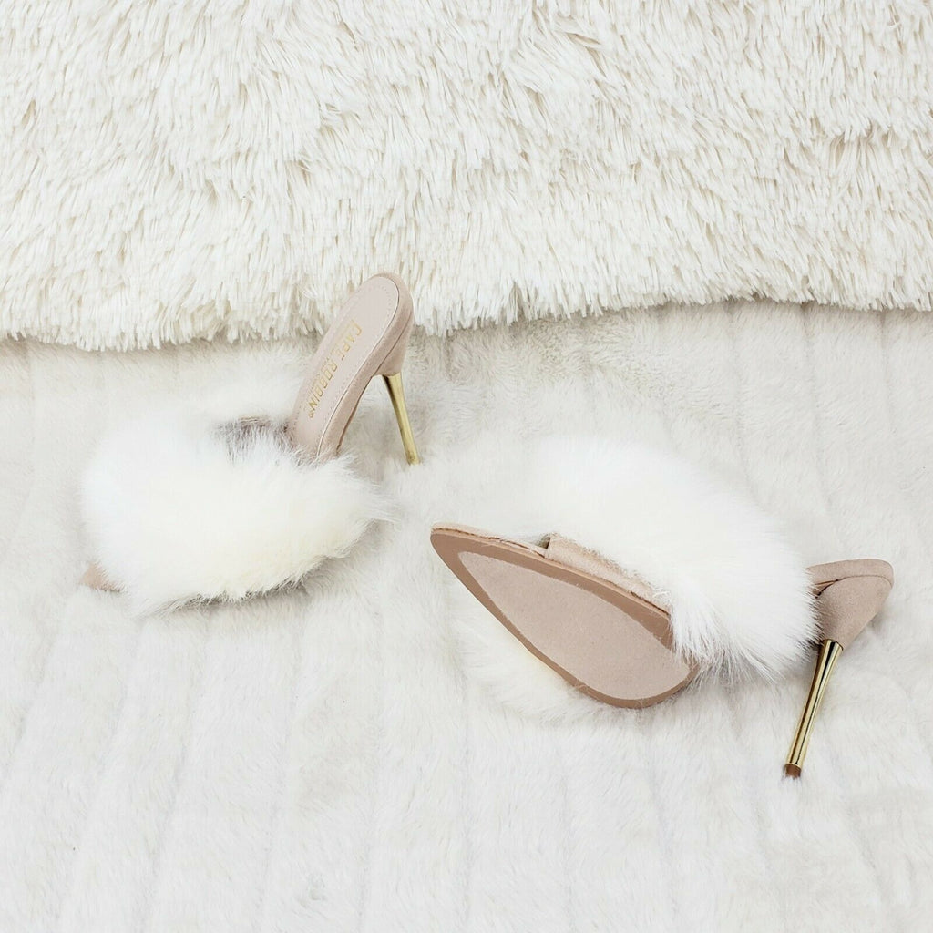 Fuji Furry Pointy Toe Slip On 4.5" Gold Tone Slim Heels Nude - Totally Wicked Footwear