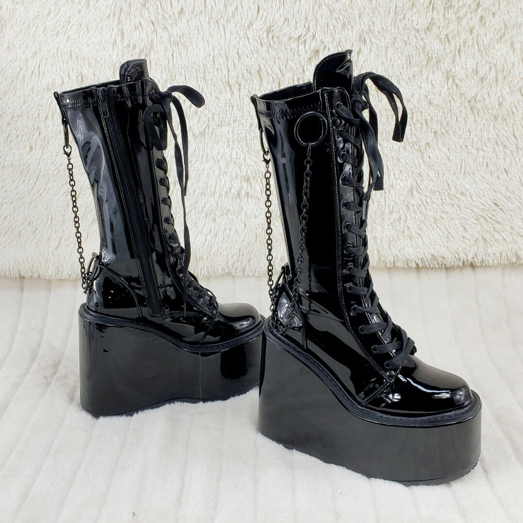 Swing 150 Black Stretch Goth Knee Boot 5.5" Platform With Chains In House NY - Totally Wicked Footwear