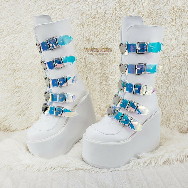 Cyber Swing 230 White Boot 5.5" Platform Heart Hologram Strap Design NY Restock - Totally Wicked Footwear