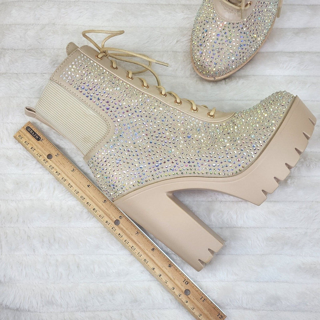 Barri Nude Beige Cream Rhinestone Chunky Heel Platform Ankle Boots - Totally Wicked Footwear