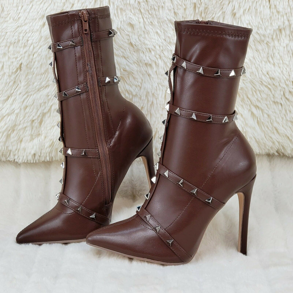 Mark Pyramid Stud Strap High Heel Pointy Toe Stretch Ankle Boots Mocha Brown - Totally Wicked Footwear