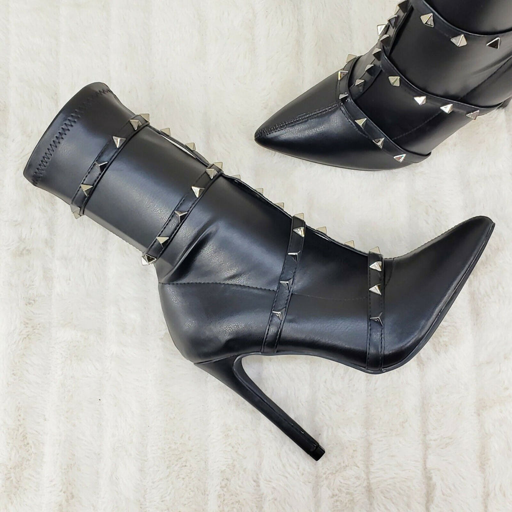 Mark Pyramid Stud Strap High Heel Pointy Toe Stretch Ankle Boots Black - Totally Wicked Footwear