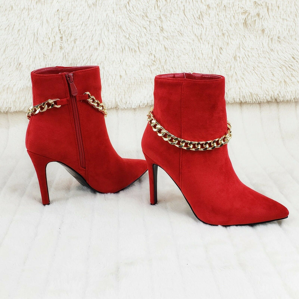 Mata Red FX Suede & Chain Sexy Pointy Toe 4" Stiletto High Heel Ankle Boots - Totally Wicked Footwear
