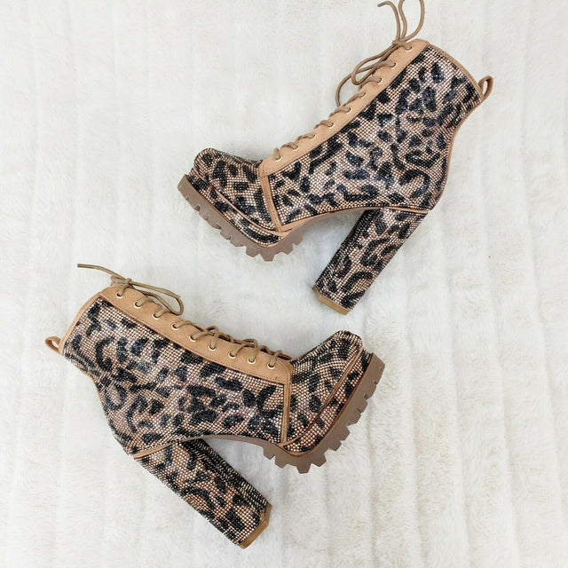 Wild Diva Vivian 15 Leopard Rhinestone High Heel Platform Ankle Boots - Totally Wicked Footwear