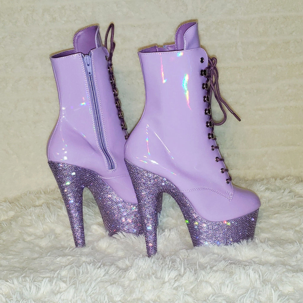 Bejeweled Lilac Rhinestone Platform Lace Up Ankle Boots 7" High Heels IN HOUSE - Totally Wicked Footwear