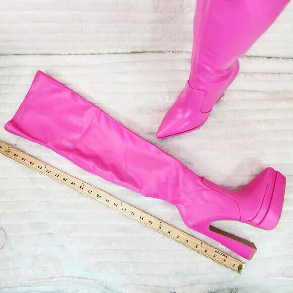 Delicious Hot Pink Fuchsia Pointy Toe Platform High Heel Stretch Thigh Boots - Totally Wicked Footwear