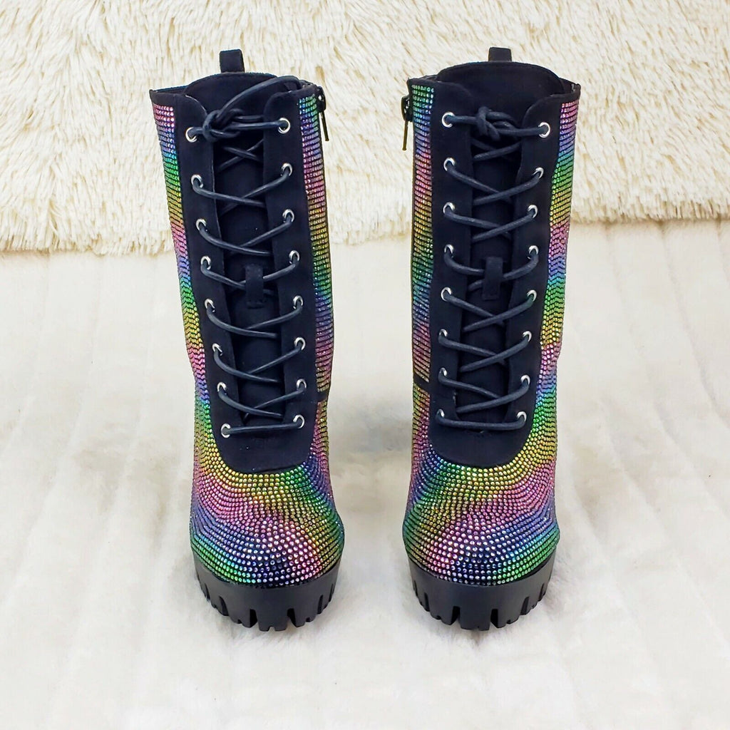 Wild Diva Veronica Rainbow Rhinestone Chunky Heel Ankle Boots Black - Totally Wicked Footwear