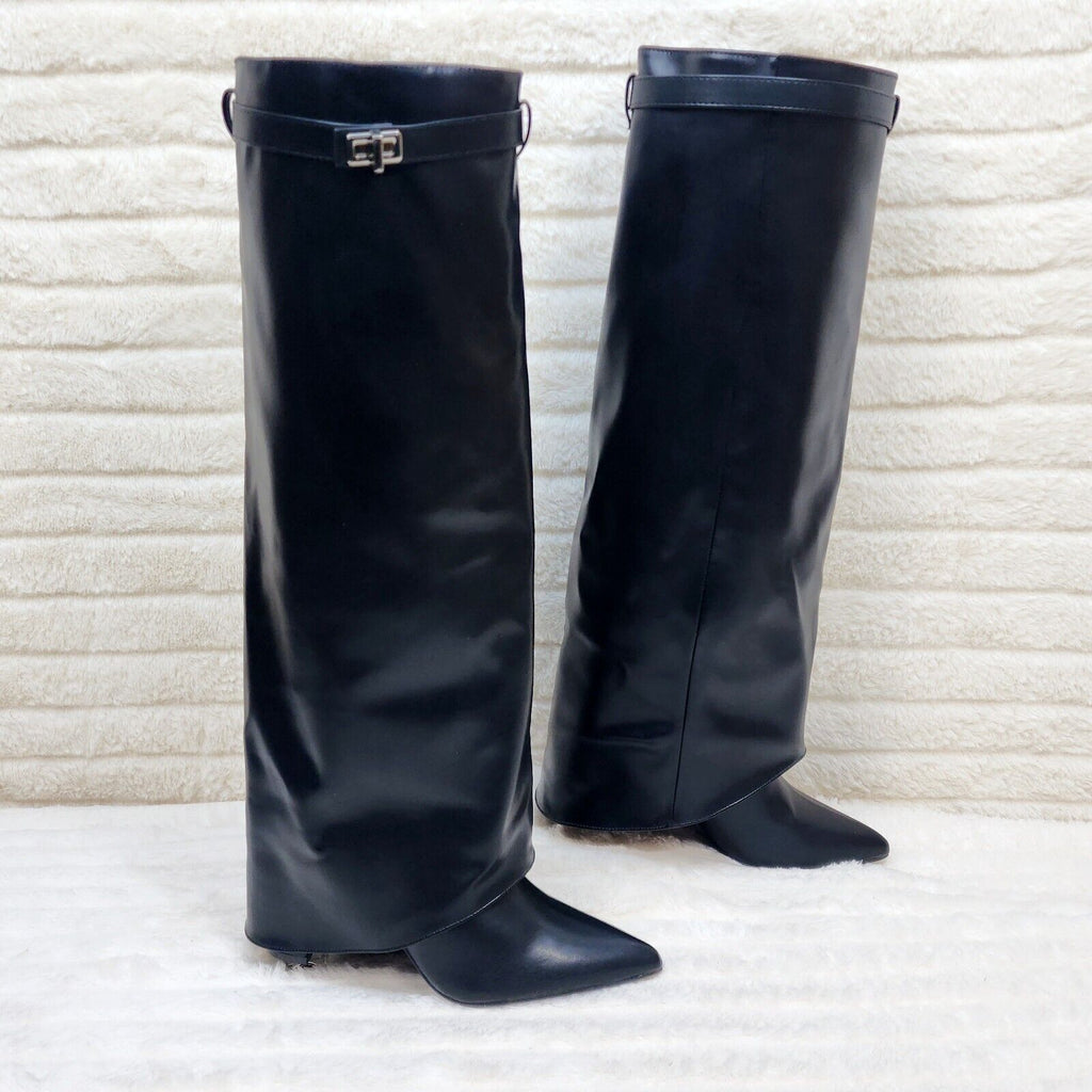 Paris Black Skirted Fold Over 3.5" Block Heel Knee High Boots - Totally Wicked Footwear