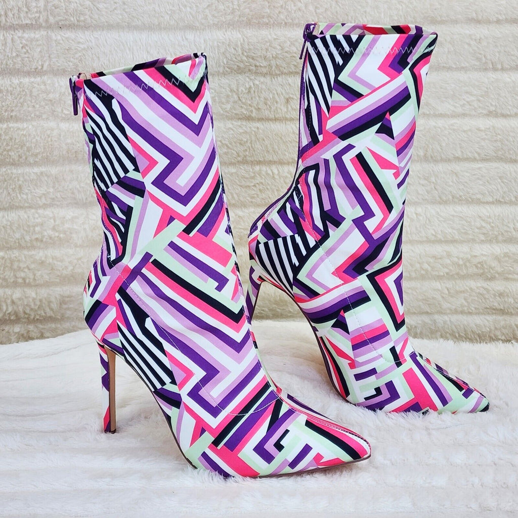 Odin Crazy Wild Color Pattern High Heel Stretch Fabric Ankle Boots - Purple Pink - Totally Wicked Footwear