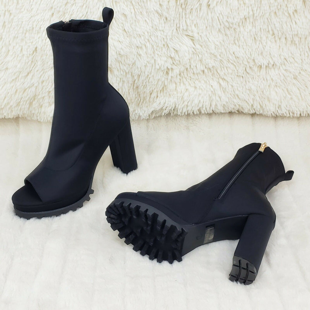 Natalie Black Chunky Heel Stretch Open Toe Lug Sole Ankle Boots - Totally Wicked Footwear