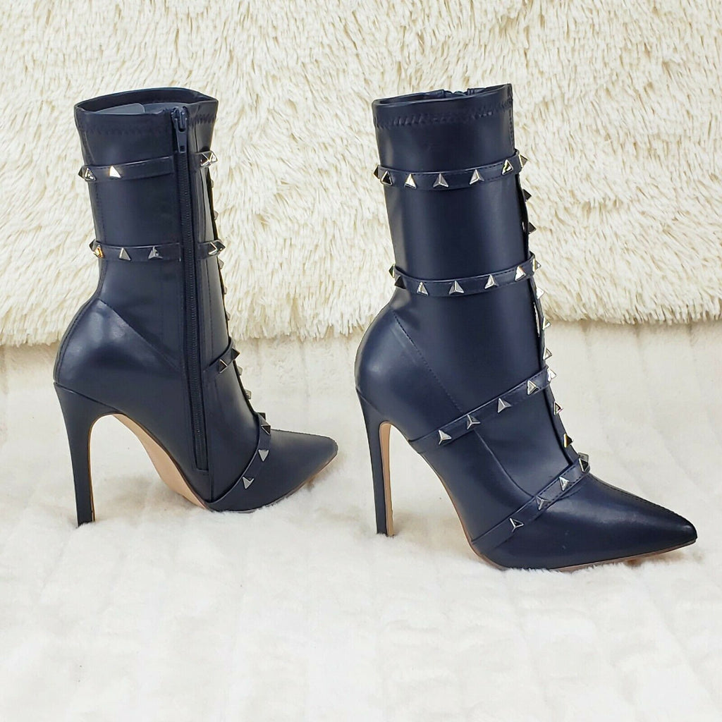 Mark Pyramid Stud Strap High Heel Pointy Toe Stretch Ankle Boots Navy Blue - Totally Wicked Footwear