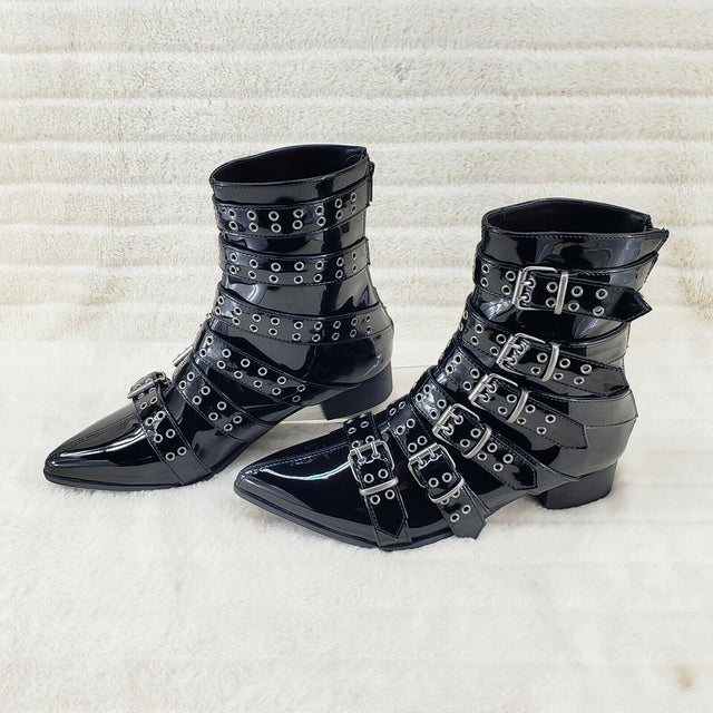 Wicked Warlock 70 Multi Strap Winklepicker Ankle Boots Mens Patent NY IN HOUSE - Totally Wicked Footwear