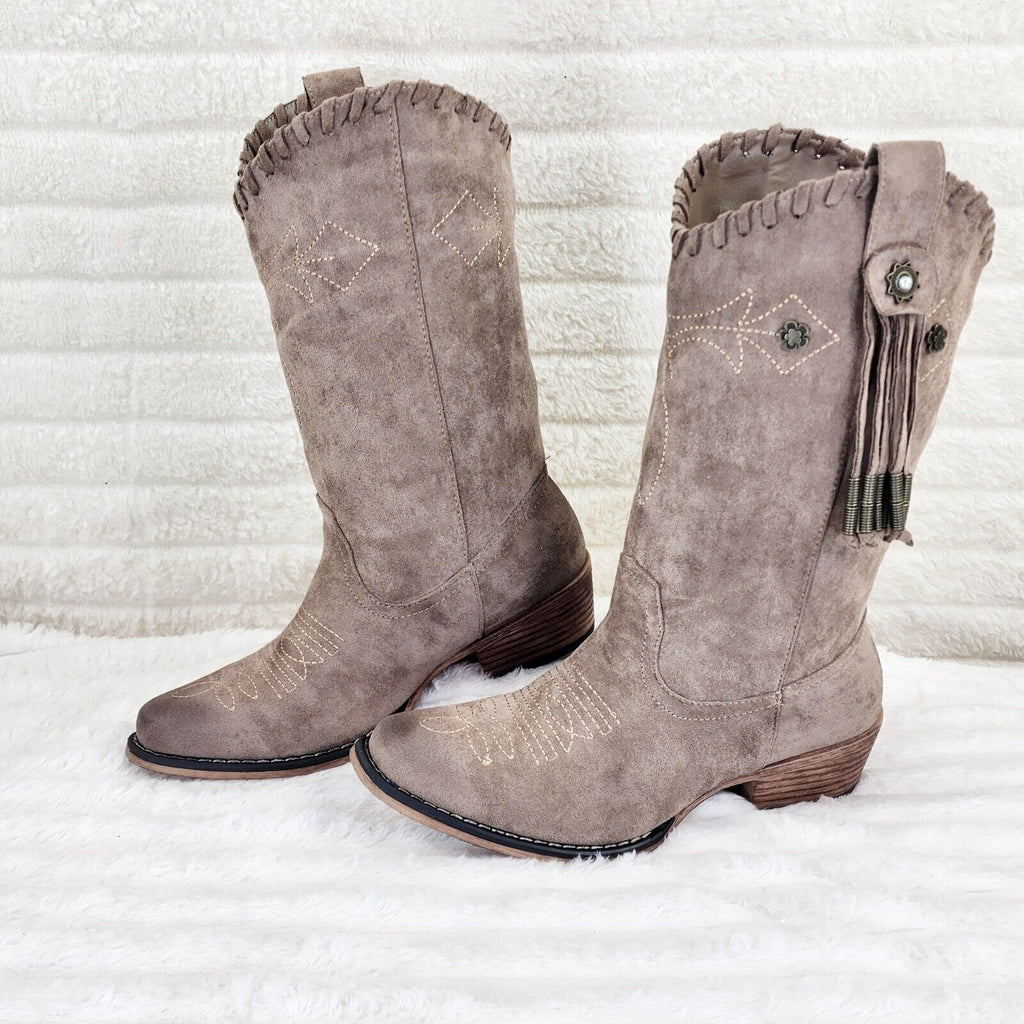 Prairie Girl Taupe Distressed Tassel Cowboy Cowgirl Pull On Mid Calf Boots - Totally Wicked Footwear
