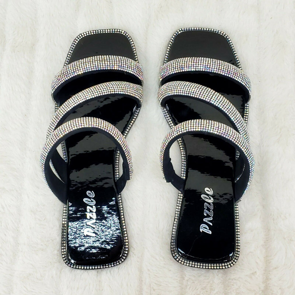 Sparkle Triple Padded Strap Slip On Iridescent Rhinestone Sandals Black - Totally Wicked Footwear