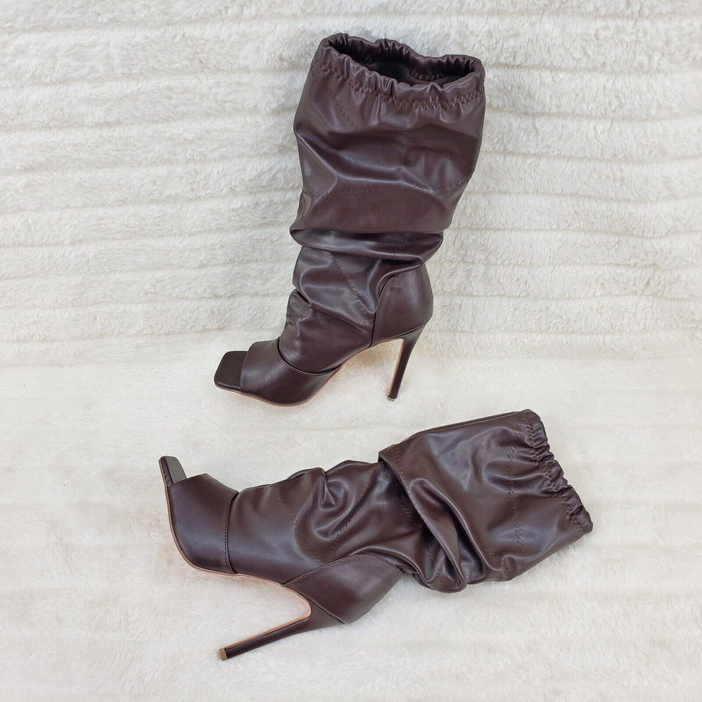 Victoria Brown Square toe Mid Calf Adjustable Slouch Scrunch Pull On Boots - Totally Wicked Footwear