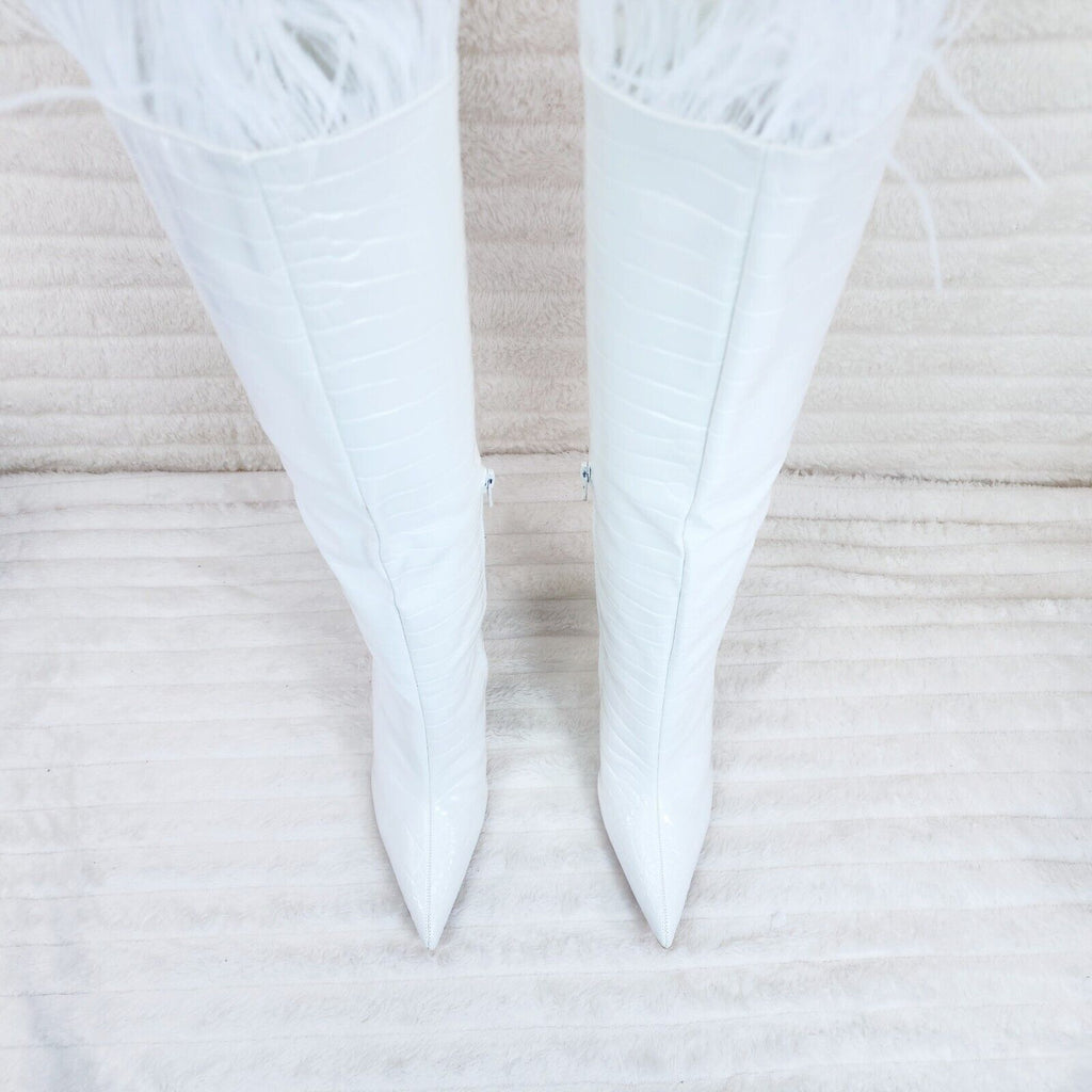 Flirty White Snake Texture Knee High Heel Stiletto Boots Sexy Feather Top - Totally Wicked Footwear