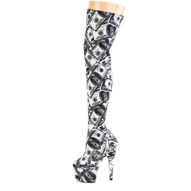 Adore 3000DP Money Print Stretch Thigh High Platform 7" Heel Boots 7-14 NY - Totally Wicked Footwear